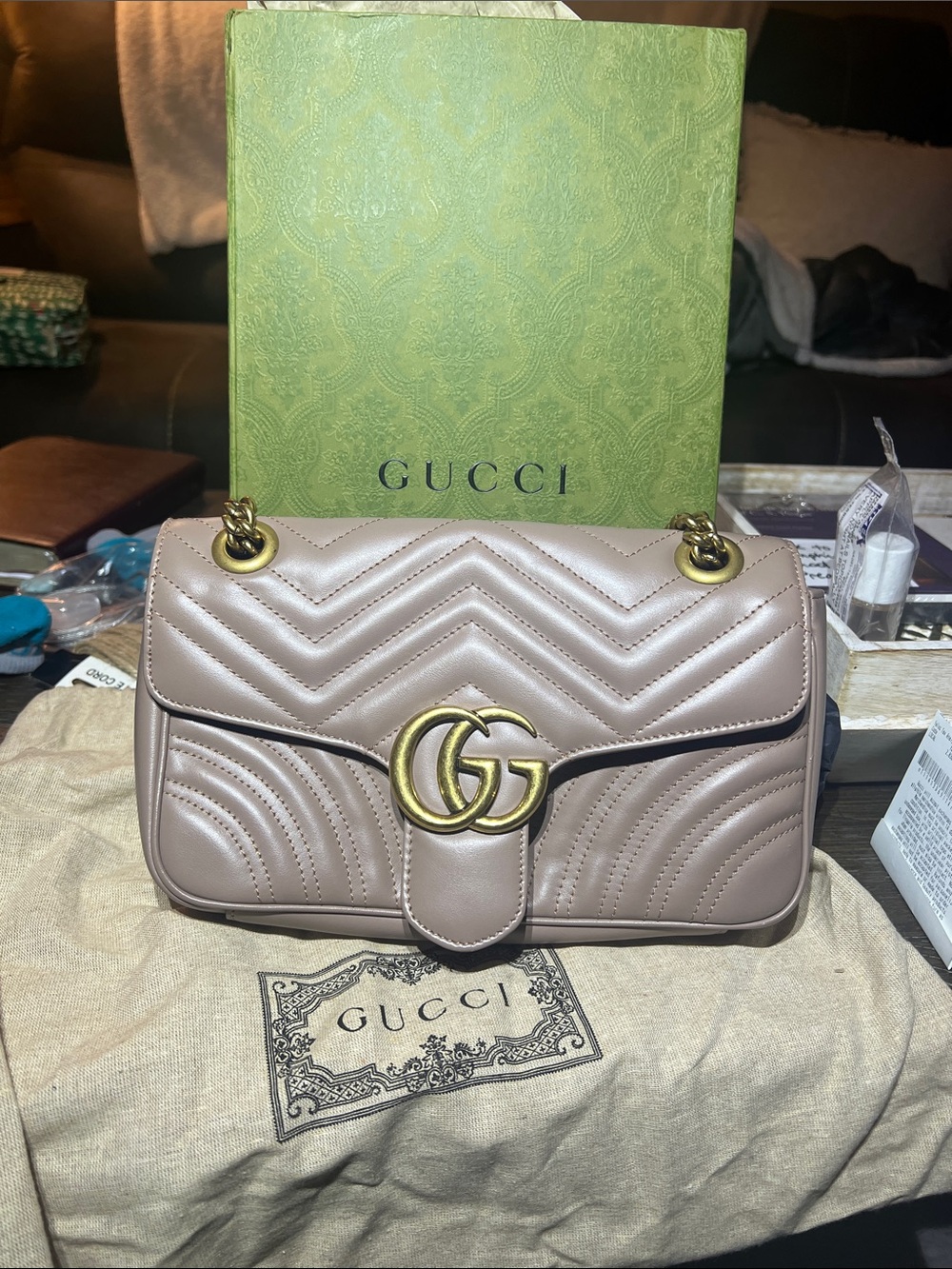 Gucci Tan Taupe Marmont Matelassé Shoulder Bag with Gold Hardware